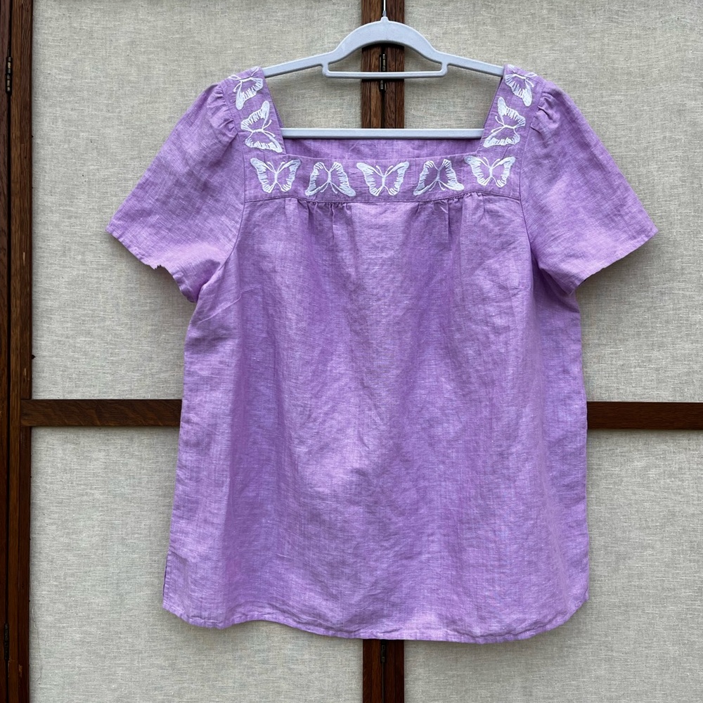 Talbots Butterfly Embroidered Linen Cotton Lavender Square Neck Top Cross Dye XL - Picture 7 of 10